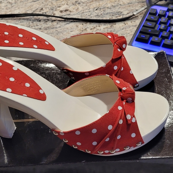 Colin Stuart Red/White Polka Dot Suede Slides - Picture 3 of 8